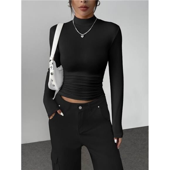 Women’s Mock Turtleneck Long Sleeve Top | Slim Fit Stretchy Basic Shirt - Picture 3 of 5